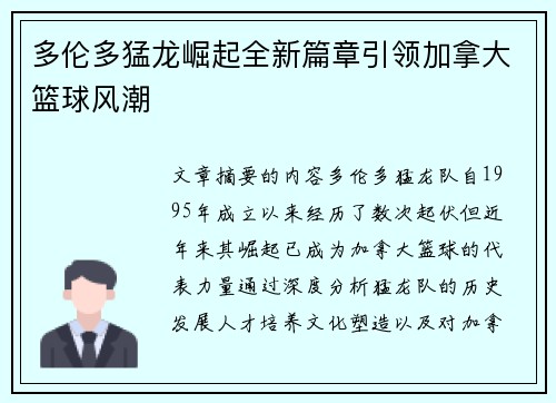 多伦多猛龙崛起全新篇章引领加拿大篮球风潮